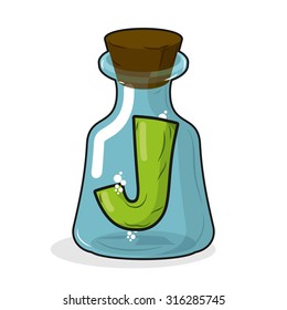 J in retro laboratory flask. Letter in old magic potion vessel with wooden stopper. Bottle for scientific research and experimentation. Vector illustration