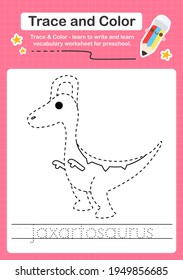J Tracing word for dinosaurs and coloring trace worksheet for kids to practice writing skills with the word Jaxartosaurus
