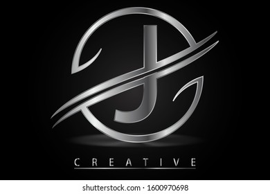 J uppercase letter with silver metallic texture on round frame. Platinum symbol for icon, logo, label, company name, cover, brochure, card, font, luxury business, jewelry or web page design element.