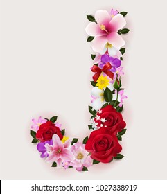J, vector font with realistic of beautiful tropical flowers on background color.
