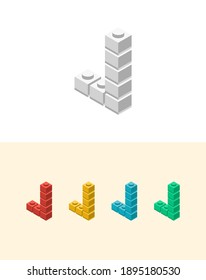 J vector letter with colourful plastic toy brick, isolated isometric 3d childish block font. Perfect for kids labels, birthday and kindergarten posters, school style, children magazines etc.