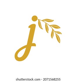 J vector logo in gold color with a leaf, showing nature and luxury and smoothness in shape