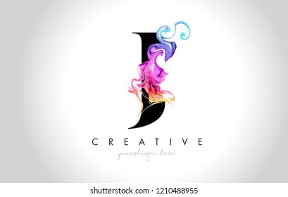 J Vibrant Creative Letter Logo Design with Colorful Smoke Ink Flowing Vector Illustration.