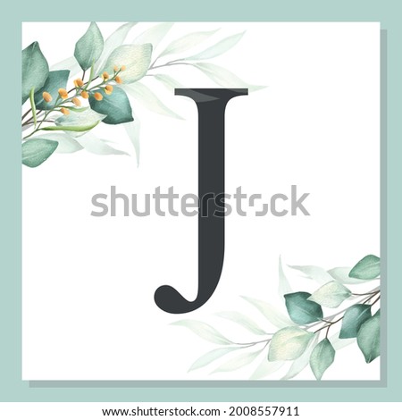 J - Watercolor delicate alphabet with green leaf. Foto stock © 