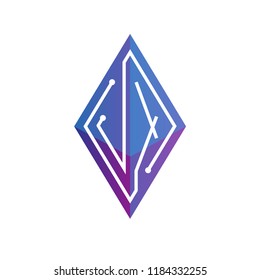 J X Initial letter block chain logo icon vector template. Looping mono line circuit letter on rhombus cube logo