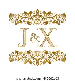 J and X vintage initials logo symbol. The letters are surrounded by ornamental elements. Wedding or business partners monogram in royal style.