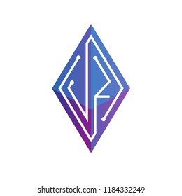 J Z Initial letter block chain logo icon vector template. Looping mono line circuit letter on rhombus cube logo