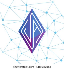 JA Initial letter block chain logo icon vector template. Looping mono line circuit letter on rhombus cube logo