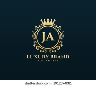 JA Initial Letter Gold calligraphic feminine floral hand drawn heraldic monogram antique vintage style luxury logo design.