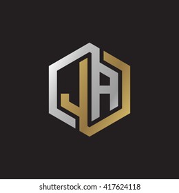 JA initial letters looping linked hexagon elegant logo golden silver black background