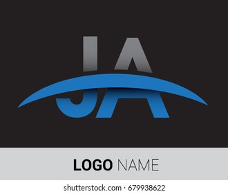 JA initial logo company name colored grey and blue swoosh design.