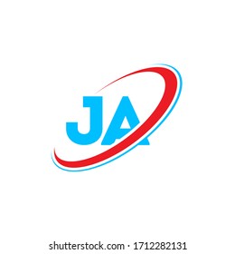 JA J Diseño del logo de una carta. Letra inicial caracter rojo y azul con el logotipo monograma en mayúsculas del círculo JA. Logotipo JA, diseño J A