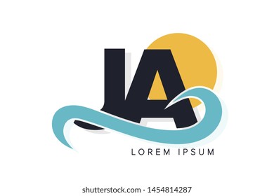 JA letter logo with ocean waves and sunset. Beach concept design