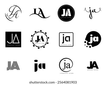 JA logo company template. Letter j and a logotype. Set different classic serif lettering and modern bold text with design elements. Initial font typography. Collection trendy business identity.