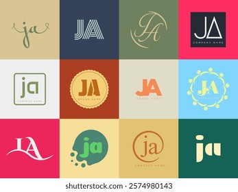 JA logo company template. Letter j and a logotype. Set different classic serif lettering and modern bold text with design elements. Initial font typography. Collection trendy business identity.