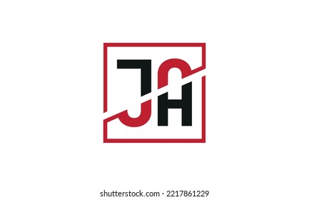 Diseño del logo de JA. Diseño monograma del logotipo de la letra JA inicial en color negro y rojo con forma cuadrada.