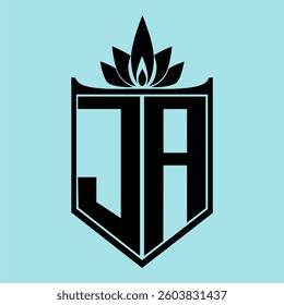 JA Logo featuring a minimalist design with a crown-like flower symbol on top, bold black elements, and a soft blue background, perfect for branding and modern visual identity.