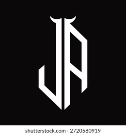 JA Logo monograma con forma de cuerno aislado Plantilla de diseño en blanco y negro sobre fondo negro