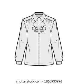 Jabot shirt technical fashion illustration with long sleeves with cuff, ruffle along the classic collar, front button fastenings. Flat apparel blouse template front grey color. Women men unisex top