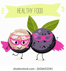 jaboticaba fruta bonitinho personagens alegres engraçados. Ilustração desenhada à mão vetorial.