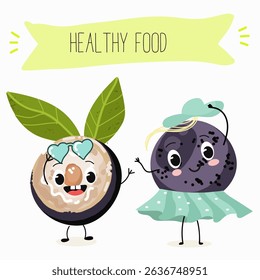 jaboticaba fruit cute funny cheerful characters. Vector hand drawn  illistration.