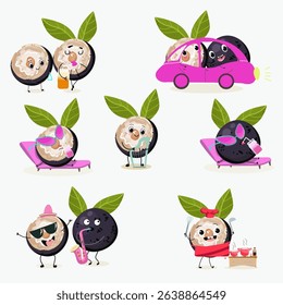 jaboticaba fruit cute funny cheerful characters. Vector hand drawn  illistration.