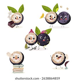 jaboticaba fruit cute funny cheerful characters. Vector hand drawn  illistration.