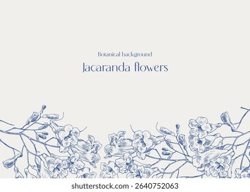 Jacaranda tree flowers, floral illustration. Toile blue beige. Vintage vector background for design greeting card, invitation, wedding decor, celebrate, poster. Hand drawn elements, border