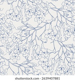 Jacaranda tree flowers Floral vector vintage seamless pattern, blue beige. Hand drawn linear elements. Background for design packaging, textile, wrapping paper, wallpaper, Fashion apparel, wedding