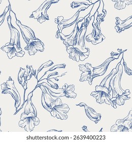 Jacaranda tree flowers Toile art Floral vector vintage seamless pattern, blue beige. Hand drawn background for design packaging, textile, wrapping paper, wallpaper, Fashion apparel, wedding.Monochrome