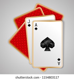 Jack and ace of spades in five closed playing card on grey background. Poker hand, blackjack. Flush or Royal flush