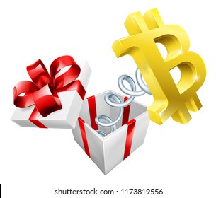 A jack in the box with a Bitcoin sign symbol jumping out on a spring