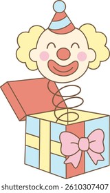 A jack in the box clown popping out of a pastel gift box with a pink bow and party hat, drawn in cute cartoon Clowncore style. Perfect for children’s illustrations, festive surprises.