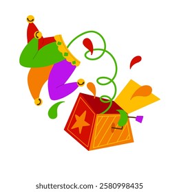 Jack in the Box with confetti, jester hat. Vector illustration of a jester popping from a box. April Fool's Day design for humor and tricks. Ideal for stickers, greeting cards, party decorations