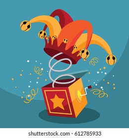 Jack in the Box with confetti, jester hat and laughing emoticon. EPS 10 vector.