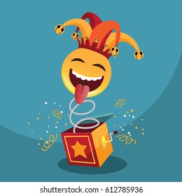 Jack in the Box with confetti, jester hat and laughing emoticon. EPS 10 vector.