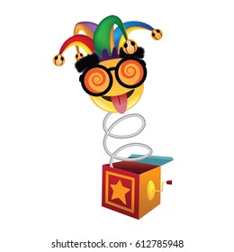 Jack in the Box with confetti, jester hat and laughing emoticon. EPS 10 vector.