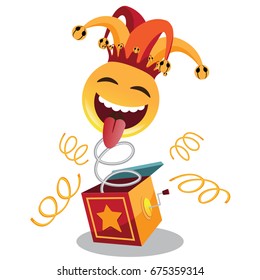 Jack in the Box with jester hat and laughing emoticon. EPS 10 vector.