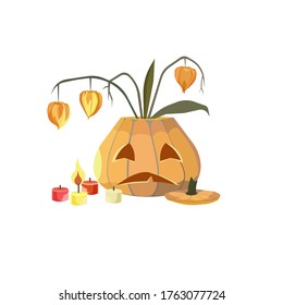 Jack O’Latern, candles, orange physalis made as a vector illustration that can be good as an original art or an element of design for prints on clothes, bags, note and sketchbooks or a sticker, logo.