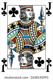 Jack of Clubs design from a new original deck of playing cards. Four pip left handed version with identifier in all four corners.