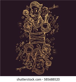 Jack of clubs gold contour drawing against a dark background.