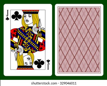 Jack of clubs playing card and backside background. Faces double sized. Original design. Vector illustration