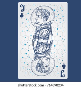 Jack of clubs. Playing card with original design on the theme of space.