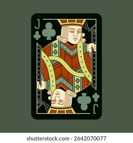 Jack of Clubs, playing poker card in black design. Isolated vector illustration. Editable stroke lines.