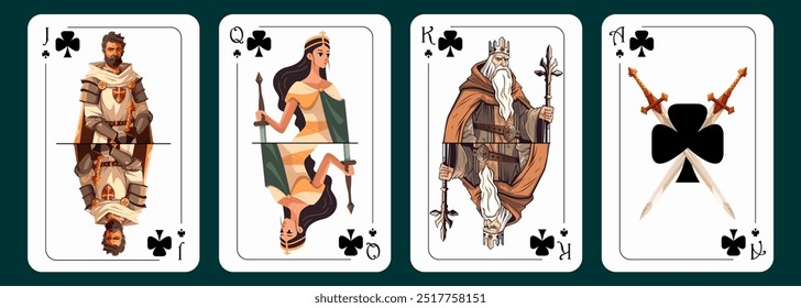 Jack of clubs, queen of clubs, king of clubs, ace of clubs. Playing cards design. Vector illustration