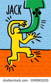 jack of clubs. Stylized Vector pop art style comic playing card, with graphic character of comic man on orange and blue background