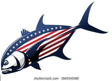Jack Crevalle fish Logo. Unique and fresh jack crevalle fish with american flag style. Great to use as your Jack Crevalle fishing activity. 