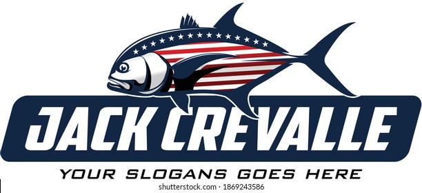 Logo del pez Jack Crevalle. Pescado único y fresco al grito crevalle al estilo de la bandera estadounidense. Ideal para usar como actividad pesquera Jack Crevalle. 