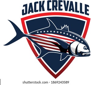 Logo del pez Jack Crevalle. Pescado único y fresco al grito crevalle al estilo de la bandera estadounidense. Ideal para usar como actividad pesquera Jack Crevalle. 