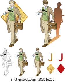 Jack of diamonds boy with a gun retro styled comics card character set of illustrations with black lineart